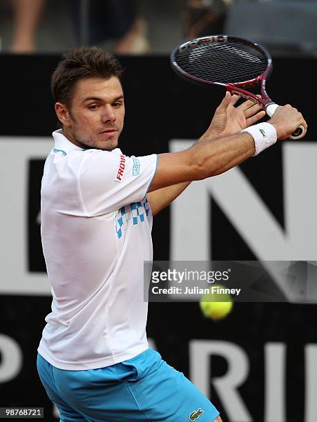 Stanislas Wawrinka of Switzerland in action in his match against Rafael Nadal of Spain during day six of the ATP Masters Series - Rome at the Foro...