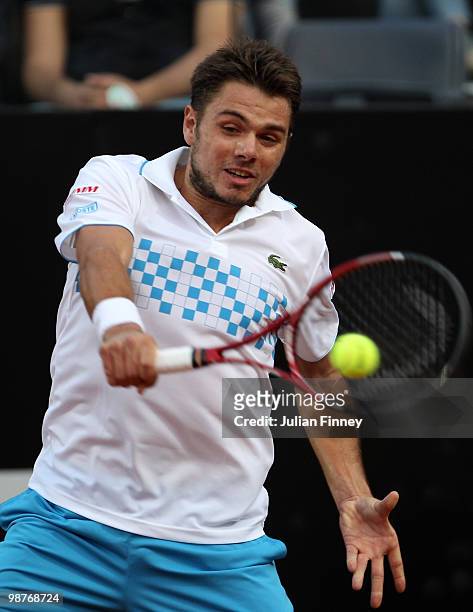 Stanislas Wawrinka of Switzerland in action in his match against Rafael Nadal of Spain during day six of the ATP Masters Series - Rome at the Foro...