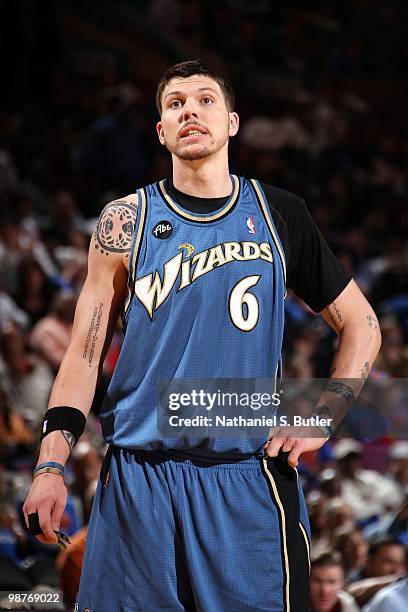 Mike Miller of the Washington Wizards looks on during the game against the New York Knicks at Madison Square Garden on April 12, 2010 in New York,...