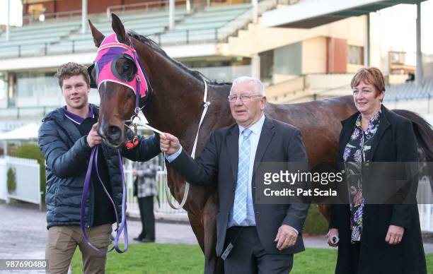 Trainer Ken Keys with wife Louise and Wenner after winning the Keno Superplay Handicap ,at Caulfield Racecourse on June 30, 2018 in Caulfield,...