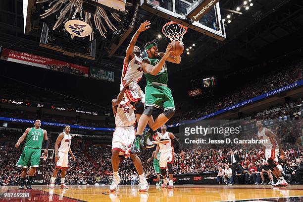 Rasheed Wallace of the Boston Celtics puts a shot up against Udonis Haslem of the Miami Heat in Game Four of the Eastern Conference Quarterfinals...
