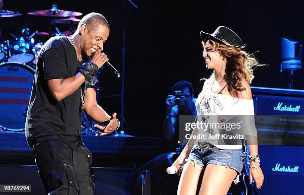 Rapper Jay-Z and singer Beyonce Knowles perform during day 1 of the Coachella Valley Music & Arts Festival 2010 held at The Empire Polo Club on April...