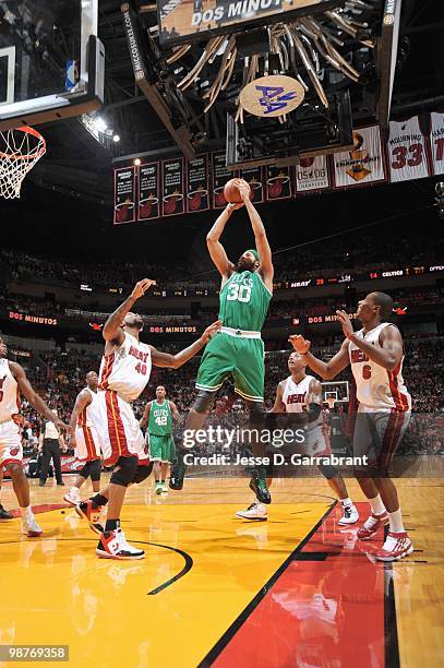 Rasheed Wallace of the Boston Celtics puts a shot up against Udonis Haslem of the Miami Heat in Game Four of the Eastern Conference Quarterfinals...