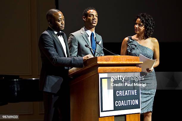 Omar Epps, Marlon Wayans and Gloria Reubens make a few remarks at the Creative Coalition's Salute to Arts and Entertainment with Martini & Rossi at...