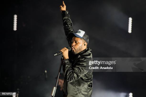 The Weeknd performs on stage during the 17th International Mawazine Music Festival at Olm Souissi Stage in Rabat, Morocco on June 29, 2018.