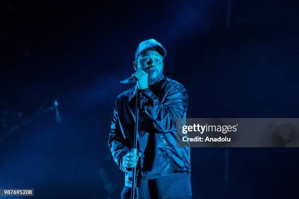 The Weeknd performs on stage during the 17th International Mawazine Music Festival at Olm Souissi Stage in Rabat, Morocco on June 29, 2018.