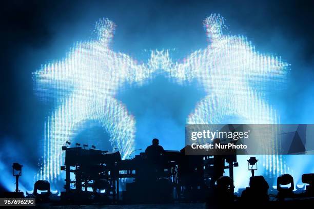 British electronic music duo The Chemical Brothers perform at the Rock in Rio Lisboa 2018 music festival in Lisbon, Portugal, on June 29, 2018.