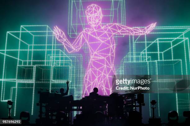 British electronic music duo The Chemical Brothers perform at the Rock in Rio Lisboa 2018 music festival in Lisbon, Portugal, on June 29, 2018.