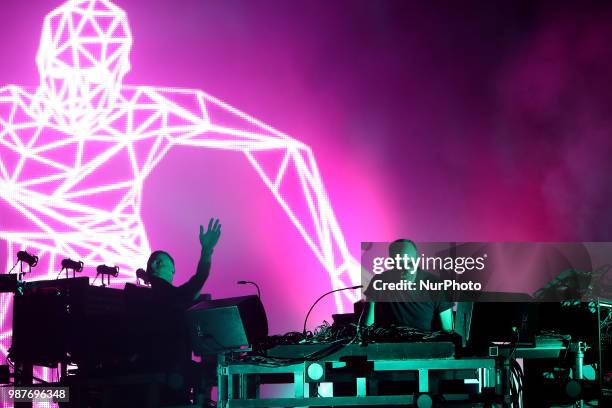 British electronic music duo The Chemical Brothers perform at the Rock in Rio Lisboa 2018 music festival in Lisbon, Portugal, on June 29, 2018.