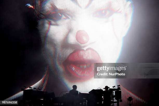 British electronic music duo The Chemical Brothers perform at the Rock in Rio Lisboa 2018 music festival in Lisbon, Portugal, on June 29, 2018.