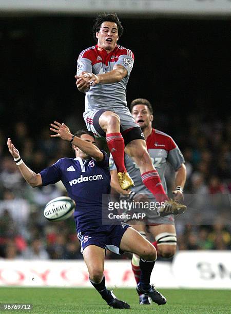Crusaders wing Zac Guildford fumbles the high ball during the Super 14 match between Vodacom Stormers and the Crusaders held at Newlands Stadium in...