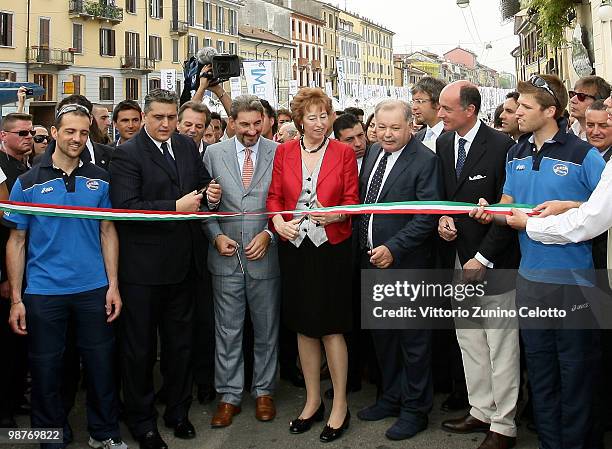 Mayor of Milan Letizia Moratti cuts the ribbon to mark the opening of NavigaMI Boat Show held at Alzaia Naviglio Grande on April 30, 2010 in Milan,...