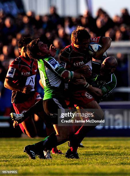 Jonny Wilkinson of Toulon is tackled by Johnny O'Conor and Ian Keatley of Connacht during the Amlin Challenge Cup Semi-Final match between Connacht...