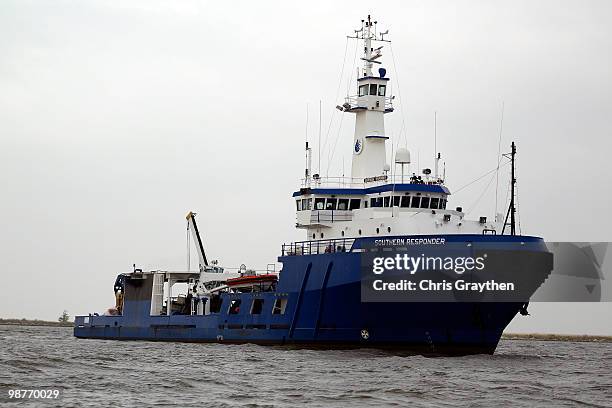 Responder boat sits anchored in the Mississippi River on the Lousiana Coast on April 30, 2010 in Venice, Louisiana. Oil is still leaking out of the...