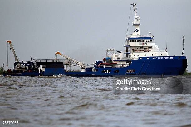 Responder boat sits anchored in the Mississippi River on the Lousiana Coast on April 30, 2010 in Venice, Louisiana. Oil is still leaking out of the...