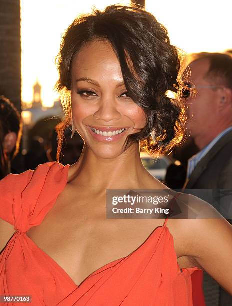 Actress Zoe Saldana arrives at the Los Angeles Premiere "Death At A Funeral" at the ArcLight Cinemas Cinerama Dome on April 12, 2010 in Hollywood,...