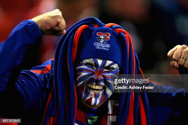 Knights fan shows their support during the round 10 NRL match between the Newcastle Knights and the Penrith Panthers at McDonald Jones Stadium on May...