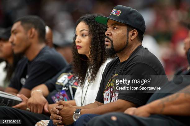 League Co-Founder and entertainer, Ice Cube looks on during a game in week two of the BIG3 three on three basketball league on June 29 at the United...