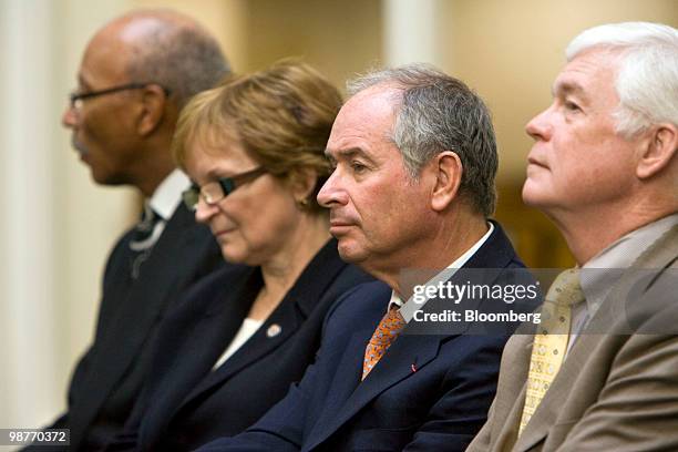 Stephen Schwarzman, chairman and chief executive officer of Blackstone Group LP, second from right, sits with Dave Bing, mayor of Detroit, far left,...