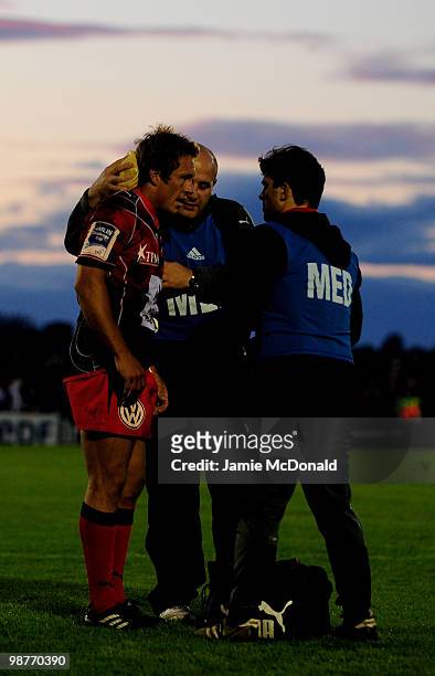 Jonny Wilkinson of Toulon is forced to leave the game with an injury to his neck, during the Amlin Challenge Cup Semi-Final match between Connacht...