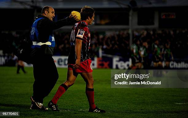 Jonny Wilkinson of Toulon is forced to leave the game with an injury to his neck, during the Amlin Challenge Cup Semi-Final match between Connacht...