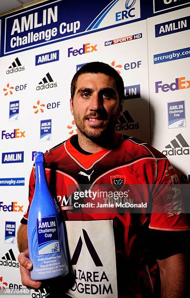 Juan Fernandez Lobbe of Toulon wins the Amlin Player of the Match during the Amlin Challenge Cup Semi-Final match between Connacht and Toulon at the...