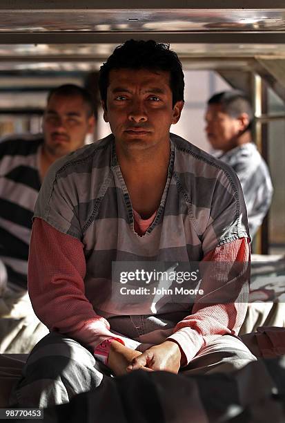 Undocumented immigrant Sam Ramos sits in the Maricopa County "Tent City Jail" on April 30, 2010 in Phoenix, Arizona. Ramos, a construction...