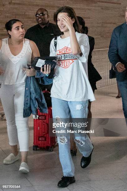 Model Bella Hadid is seen on June 30, 2018 in Paris, France.