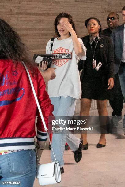 Model Bella Hadid is seen on June 30, 2018 in Paris, France.