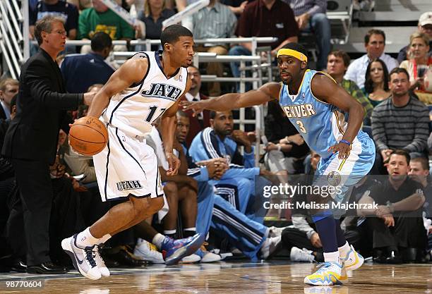 Ronnie Price of the Utah Jazz looks to make a move against Ty Lawson of the Denver Nuggets in Game Four of the Western Conference Quarterfinals...