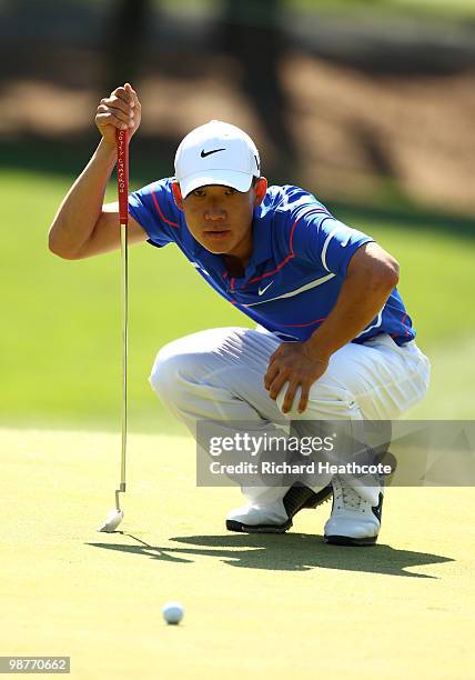 Anthony Kim lines up a putt on the 5th green during the second round of the Quail Hollow Championship at Quail Hollow Country Club on April 30, 2010...