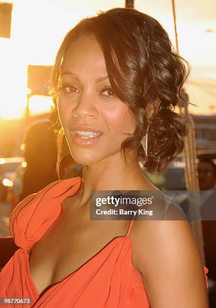 Actress Zoe Saldana arrives at the Los Angeles Premiere "Death At A Funeral" at the ArcLight Cinemas Cinerama Dome on April 12, 2010 in Hollywood,...