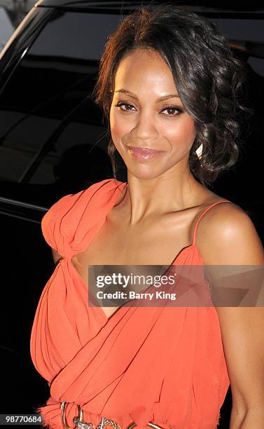 Actress Zoe Saldana arrives at the Los Angeles Premiere "Death At A Funeral" at the ArcLight Cinemas Cinerama Dome on April 12, 2010 in Hollywood,...