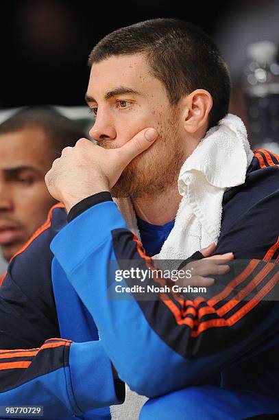 Nick Collison of the Oklahoma City Thunder looks on from the bench in Game Five of the Western Conference Quarterfinals against the Los Angeles...