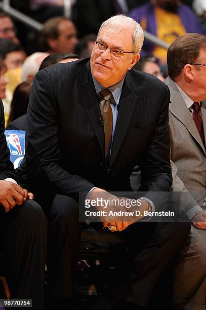 Head coach Phil Jackson of the Los Angeles Lakers sits on the bench in Game Five of the Western Conference Quarterfinals against the Oklahoma City...