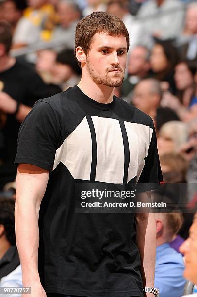 Kevin Love of the Minnesota Timberwolves attends Game Five of the Western Conference Quarterfinals between the Oklahoma City Thunder and the Los...