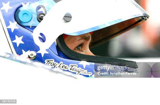 Danica Patrick sits in her Go Daddy.com Andretti Autosport Honda Dallara during practice for the Indy Car Series Road Runner Turbo Indy 300 on April...