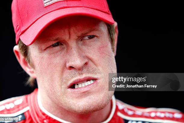 Scott Dixon driver of the Target Chip Ganassi Racing Honda Dallara during practice for the Indy Car Series Road Runner Turbo Indy 300 on April 30,...