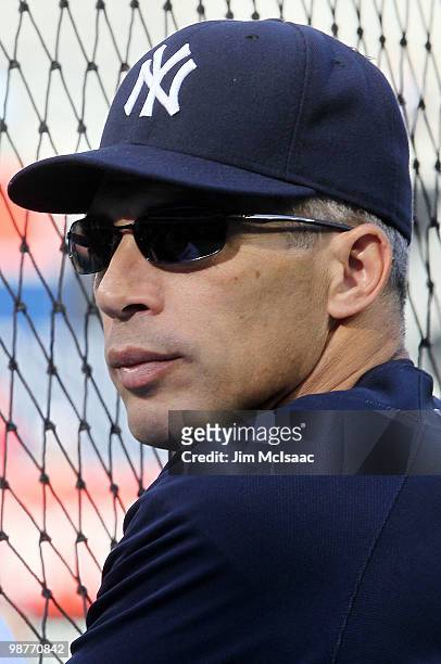 Manager Joe Girardi of the New York Yankee looks on during batting practice prior to playing the Chicago White Sox on April 30, 2010 at Yankee...