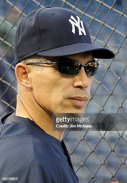Manager Joe Girardi of the New York Yankee looks on during batting practice prior to playing the Chicago White Sox on April 30, 2010 at Yankee...