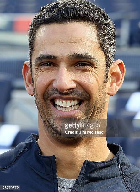 Jorge Posada of the New York Yankees looks on during batting practice prior to playing the Chicago White Sox on April 30, 2010 at Yankee Stadium in...
