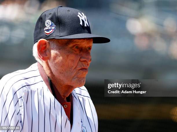 Former player Don Larsen of the New York Yankees is introduced during the New York Yankees 72nd Old Timers Day game before the Yankees play against...