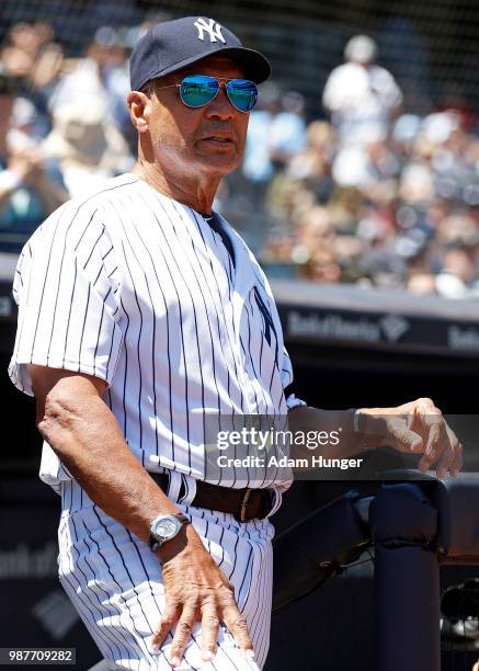 Former player Reggie Jackson of the New York Yankees is introduced during the New York Yankees 72nd Old Timers Day game before the Yankees play...