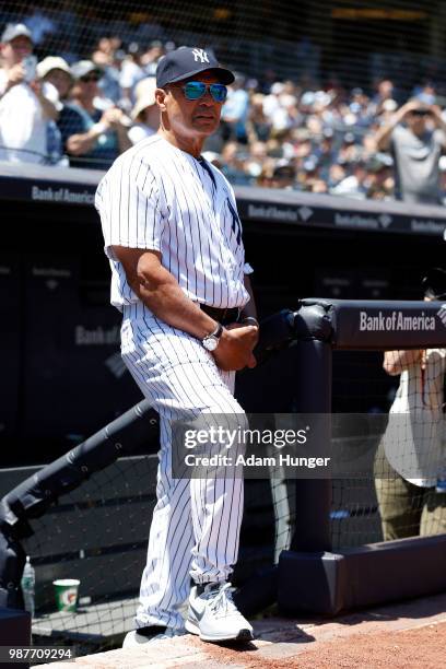 Former player Reggie Jackson of the New York Yankees is introduced during the New York Yankees 72nd Old Timers Day game before the Yankees play...