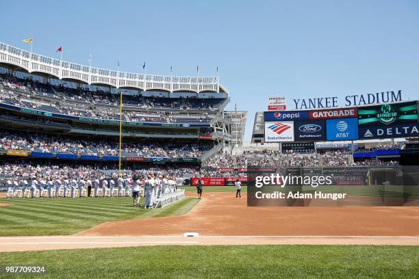 During introductions for the New York Yankees 72nd Old Timers Day game before the Yankees play against the Tampa Bay Rays at Yankee Stadium on June...