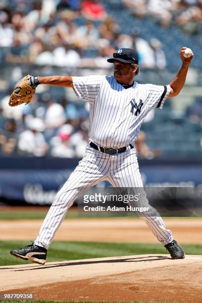 Former player Ron Guidry of the New York Yankees in action during the New York Yankees 72nd Old Timers Day game before the Yankees play against the...