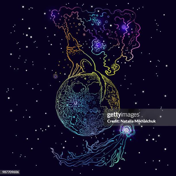 Howling wolf sitting on a moon exhales new galaxy. Flying comet, cosmos, dark blue background with stars. Hand drawn vector illustration. Line art, sketch, holographic, fantasy design, space concept.