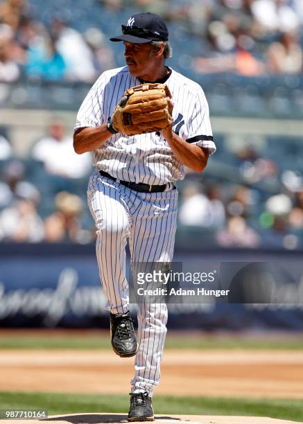 Former player Ron Guidry of the New York Yankees in action during the New York Yankees 72nd Old Timers Day game before the Yankees play against the...