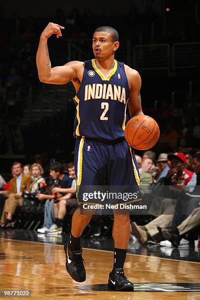 Earl Watson of the Indiana Pacers sets up the play on the dribble against the Washington Wizards during the game at the Verizon Center on April 14,...