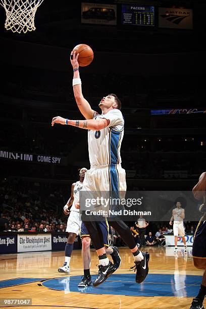 Mike Miller of the Washington Wizards lays up a shot against the Indiana Pacers during the game at the Verizon Center on April 14, 2010 in...